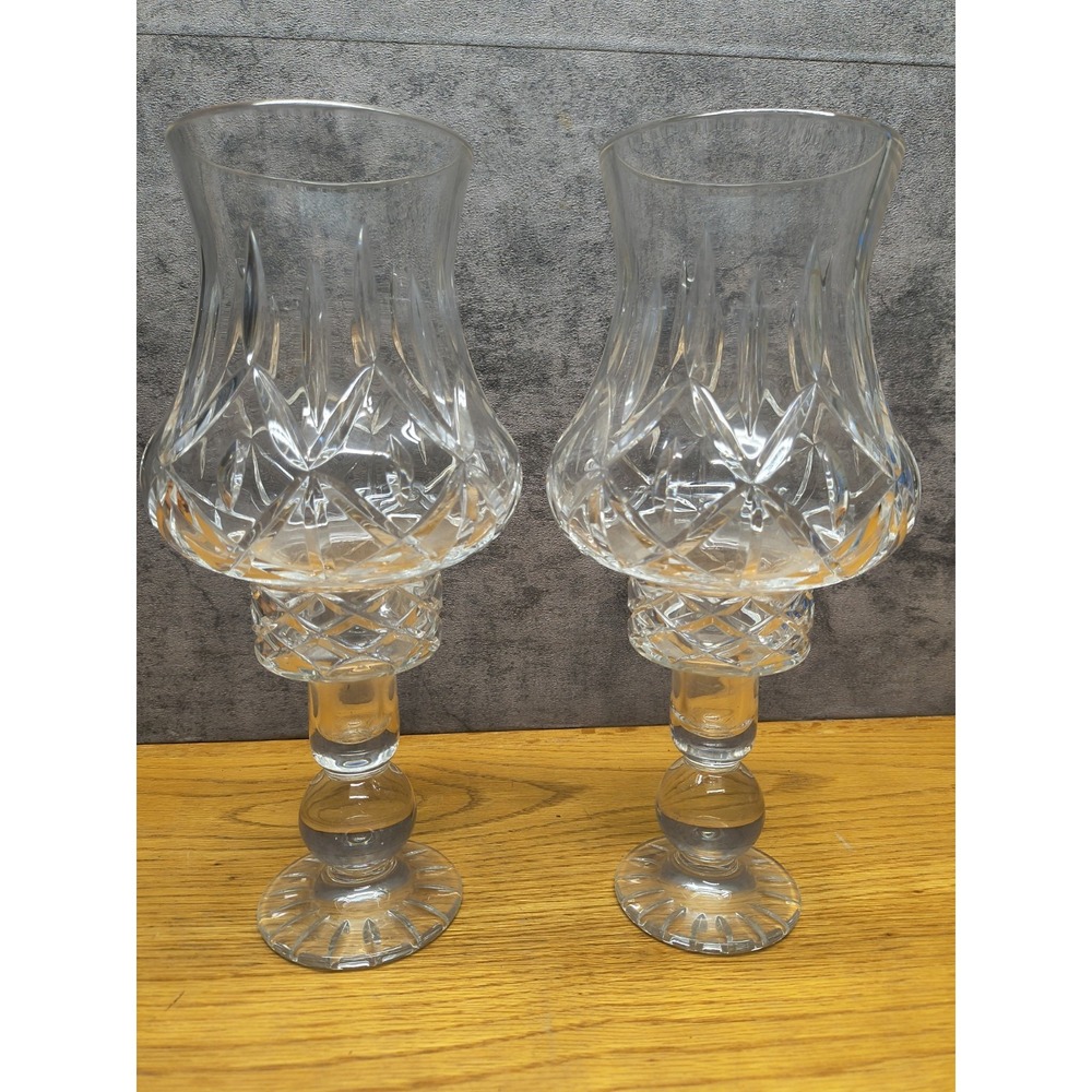 Pair of Vintage Block Crystal Olympic‎ Hurricane Candle Holders